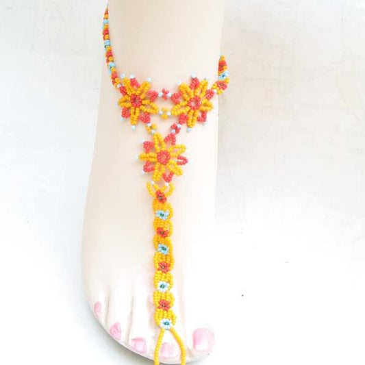 Red Yellow Seed Beads Beaded Barefoot Anklet Flower Beadwork