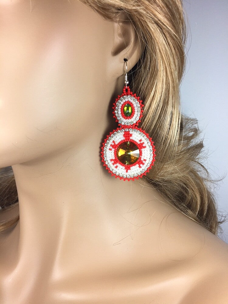Handmade Beaded Off White Red Turtle Dangle Fashion Hook Earrings