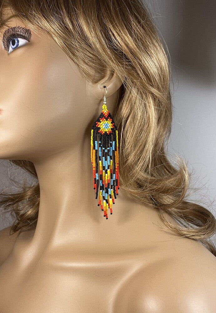 Handmade Beaded Native Style Black Star Sun Color Hook Earrings