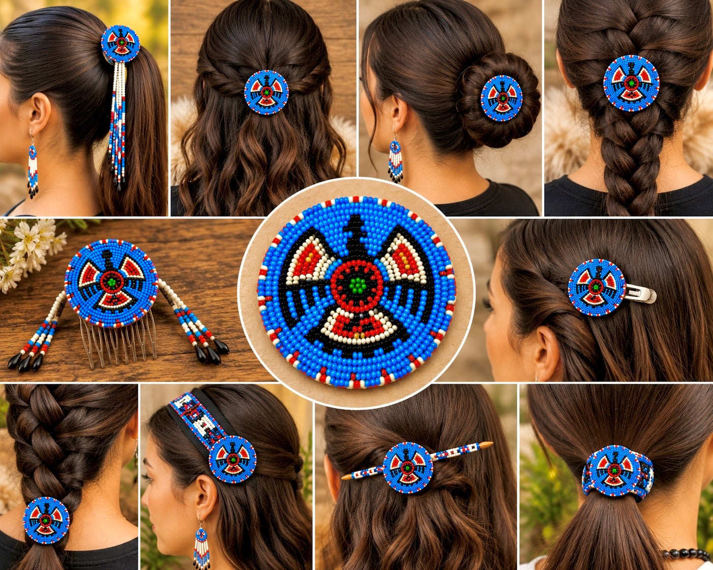 Cyan Blue Red Thunderbird Handmade Beaded Rosette