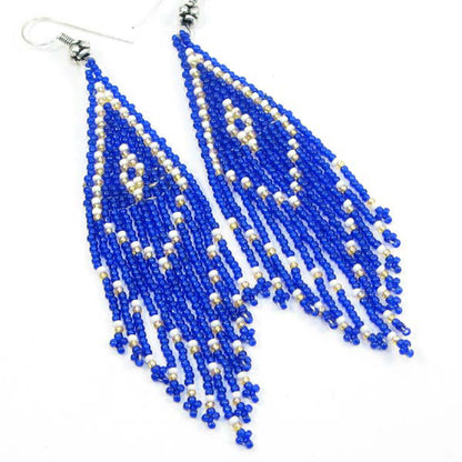 Vibrant Blue &amp; White Handmade Beaded Earrings