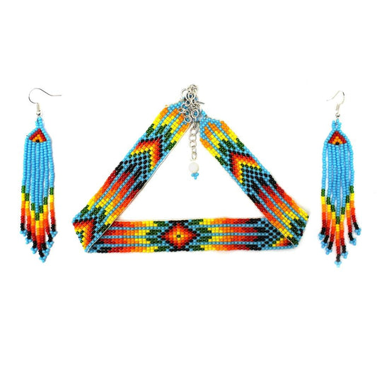 Vibrant Blue and Orange Beaded Choker Necklace &amp; Earring Set