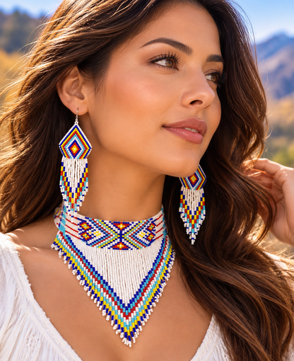 Colorful Chevron Beaded Necklace and Earrings Set