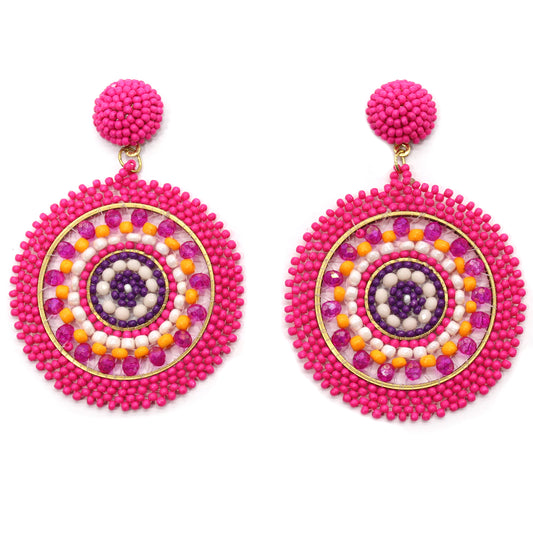 Handmade Beaded Bright Neon Colorful Post Round Earrings for Women Girl All Season (Fuschia)