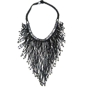 Elegant Black Bugle Seed Bead Bib Necklace