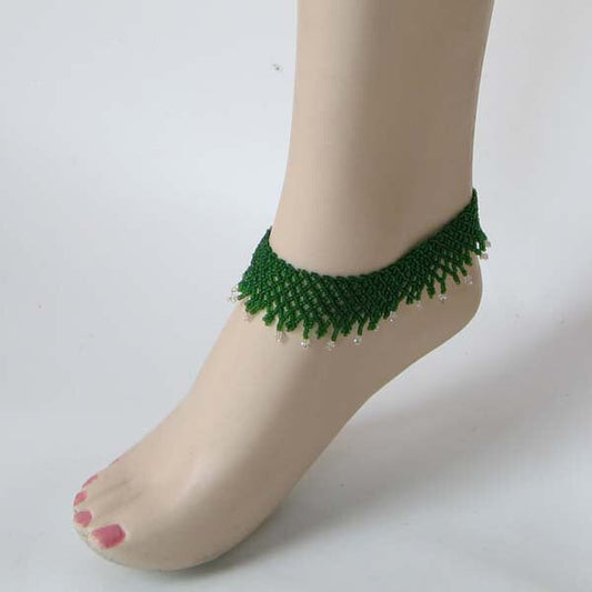 Dark Green Seed Beaded Stretchable Anklet Handmade