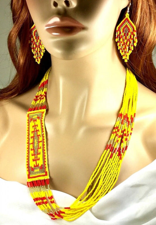 Vibrant Yellow and Red Layered Necklace &amp; Earrings Set