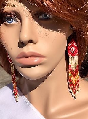 Handmade Beaded Red White Long Chandelier Earrings