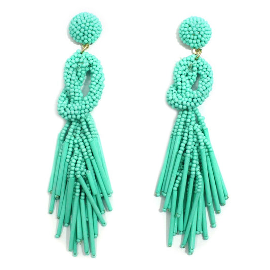 Handmade Beaded Solid Color Post Statement Earrings for Women Girl All Season - 4 inch Long Dangle with Celtic Knot Design - Czech Seed Beads - Sea Green
