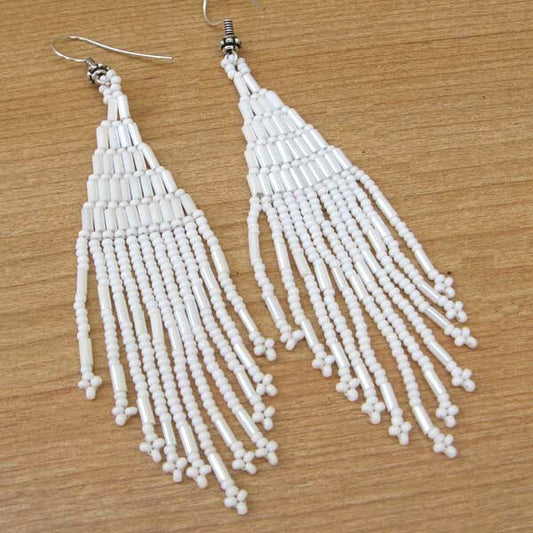 Handmade Beaded White Seed Bead Big Earrings