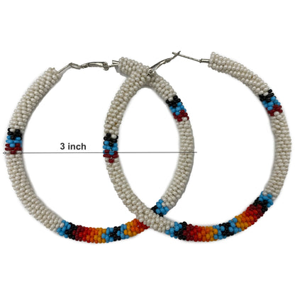 Handmade Native Style 3 Inch Hoop Earrings with Czech Seed Beads - White