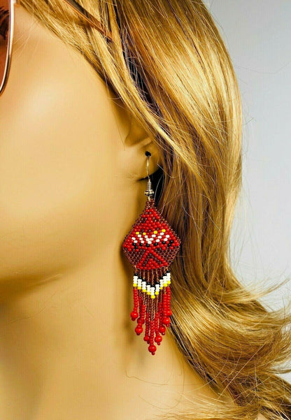 Native Style Thunderbird Handmade Ethnic Brown Red Beaded Earrings E2/10
