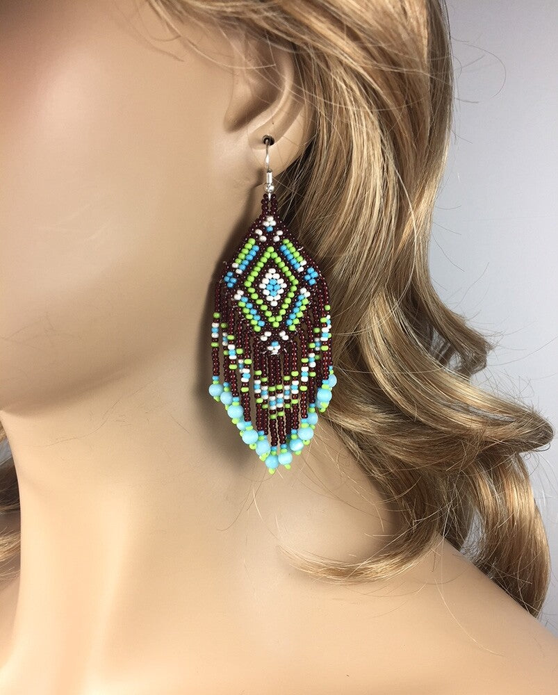Bohemian Turquoise &amp; Green Seed Bead Earrings