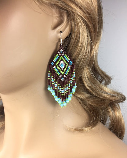 Bohemian Turquoise &amp; Green Seed Bead Earrings