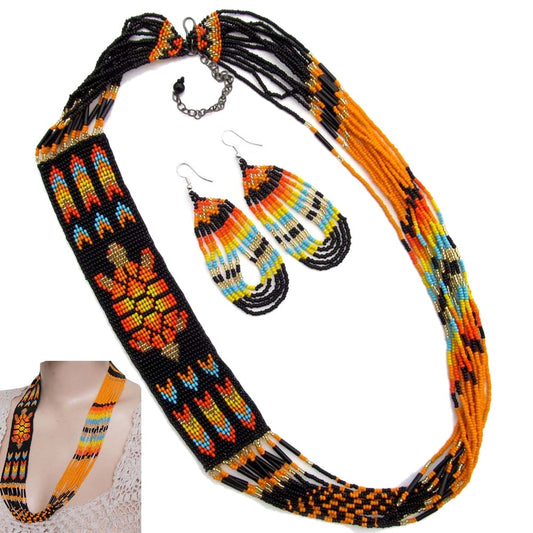 Black Fire Seed Beaded Necklace Earrings Turtle Beadwork