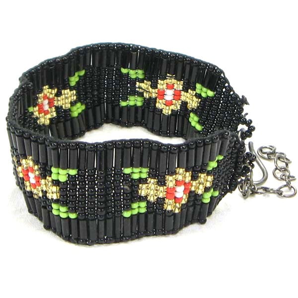 Handmade Beaded Black Seed Beads Flower 1 Inch Soft Cuff Bracelet