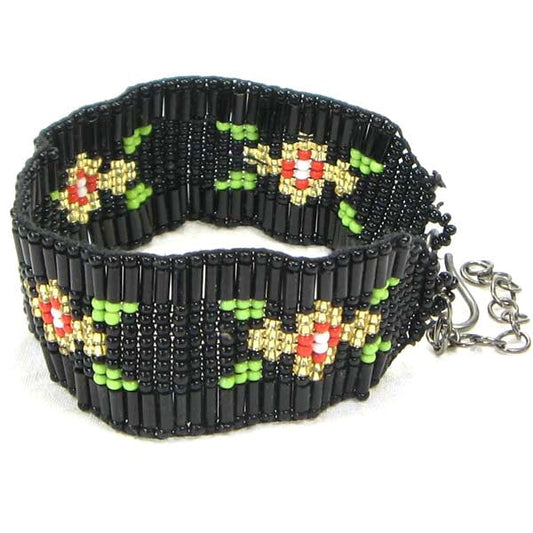 Handmade Beaded Black Seed Beads Flower 1 Inch Soft Cuff Bracelet