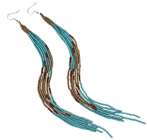 One of a kind Tribal Extra Long Beaded Statement Earrings Handmade (Cyan Copper)