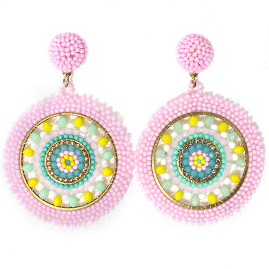 Handmade Beaded Bright Neon Colorful Post Round Earrings for Women Girl All Season - Pink