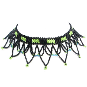 Black Green Egyptian Art Beaded Choker Necklace Earrings