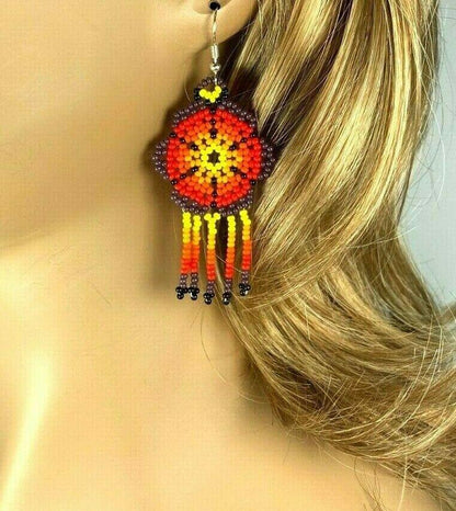 Native Style Handmade Ethnic Flower Purple Red Beaded Chandelier Earrings E61/9