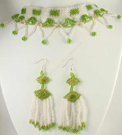 Handmade Beaded Choker Necklace and Earrings Set with Clear White and Green Czech Beads