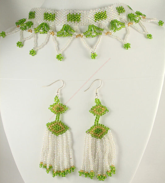 Handmade Beaded Choker Necklace and Earrings Set with Clear White and Green Czech Beads