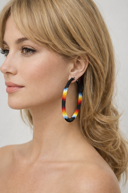 Handmade Native Style 3 Inch Hoop Earrings with Czech Seed Beads - Black Fire