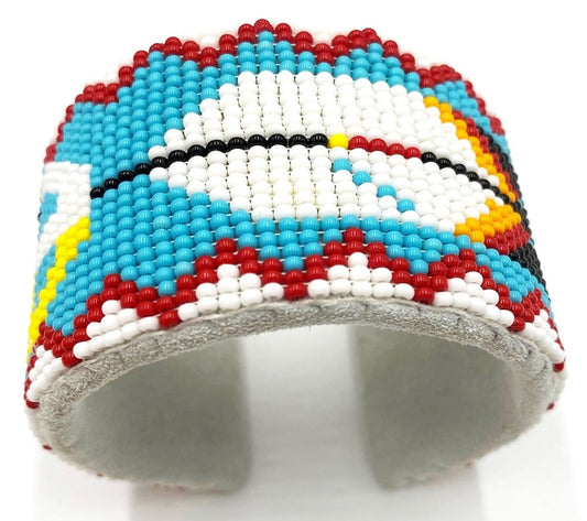 Handmade Beaded Cuff Leather Bracelet with Feather Design - Cyan Blue, White, Red, Black Colors