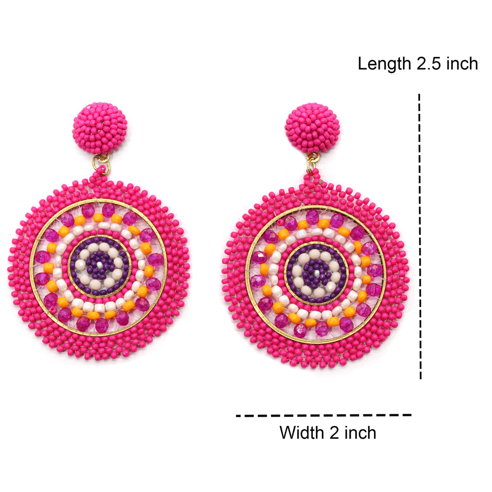 Handmade Beaded Bright Neon Colorful Post Round Earrings for Women Girl All Season (Fuschia)