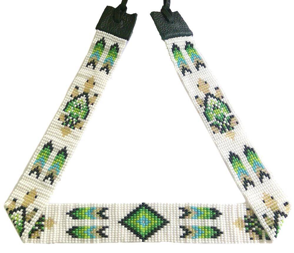 Handmade Loom Beaded Green Black White Turtle Cowboy Hatband - Adjustable 1-Inch Hatband