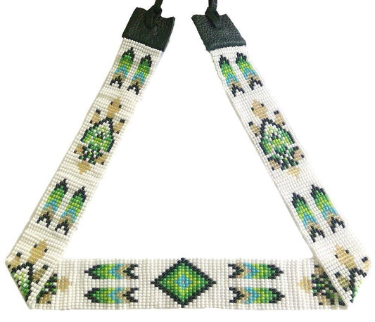 Handmade Loom Beaded Green Black White Turtle Cowboy Hatband - Adjustable 1-Inch Hatband