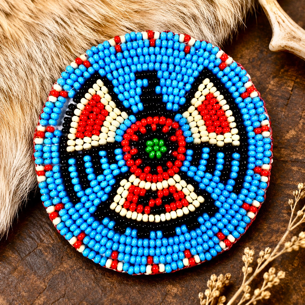Cyan Blue Red Thunderbird Handmade Beaded Rosette
