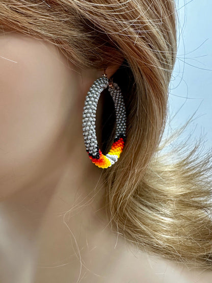 Handmade beaded Grey 2 inch Native style Hoop earrings