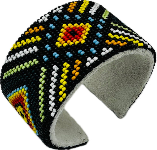 Handmade beaded Black Multicolored leather cuff bracelet