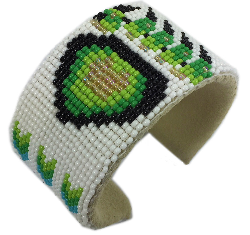 Handmade beaded Green White Bear Paw Hard Cuff Bracelet