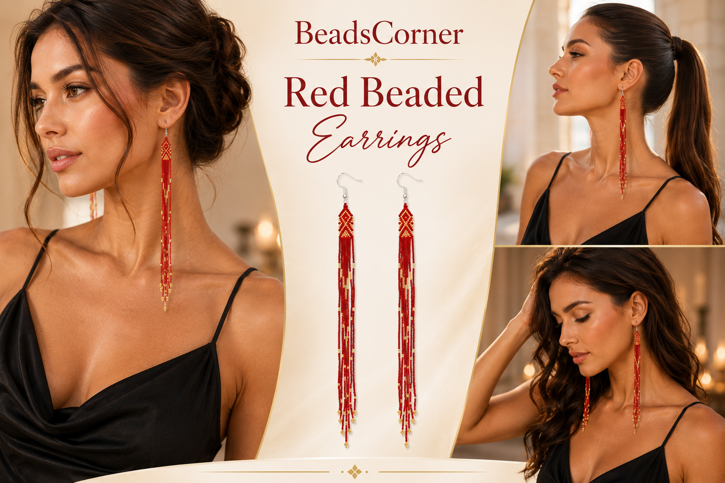Handmade beaded Red Gold Handmade Seed Beaded Extra Long Earrings 8 Inches