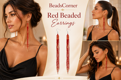 Handmade beaded Red Gold Handmade Seed Beaded Extra Long Earrings 8 Inches