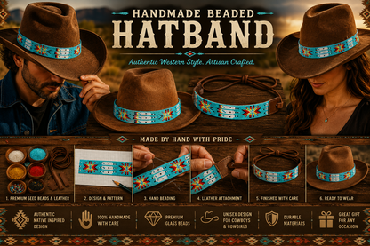 Turquoise Blue White Red Bead Work Beaded Cowboy, Wild West Turquoise Beaded Hatband