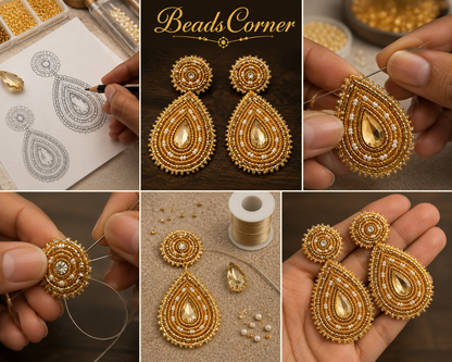 Handmade Beaded Teardrop Shape Post Earrings - 3 Inches Long, 1.5 Inch Wide - Gold