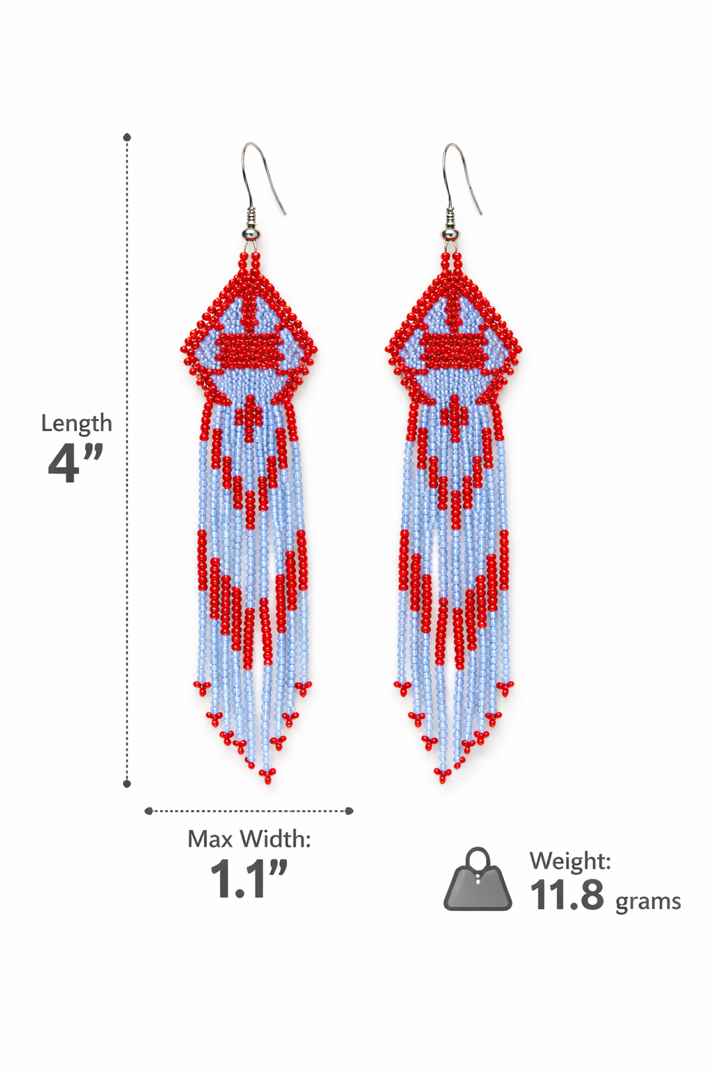 Handmade Beaded Fringe Earrings – Red & Light Blue Czech Seed Beads, 4 Inch Long Turtle Earrings, Lightweight Boho