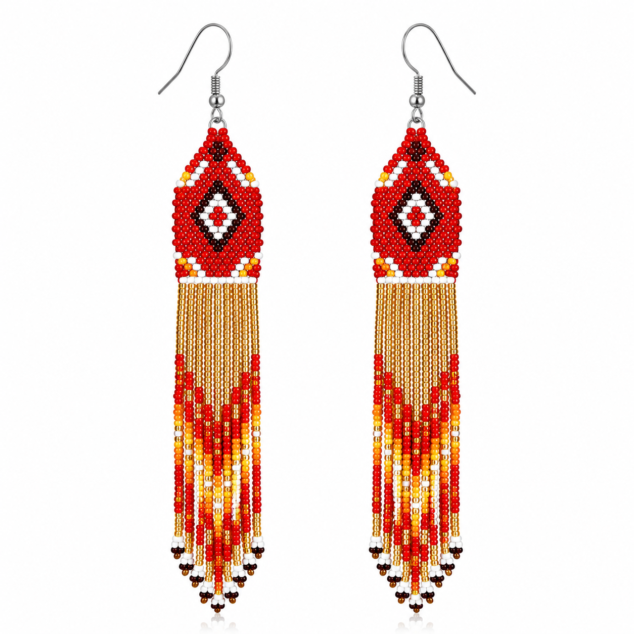 Handcrafted Czech Beaded Red Fringe Earrings – 5 Inch Statement Dangle Earrings
