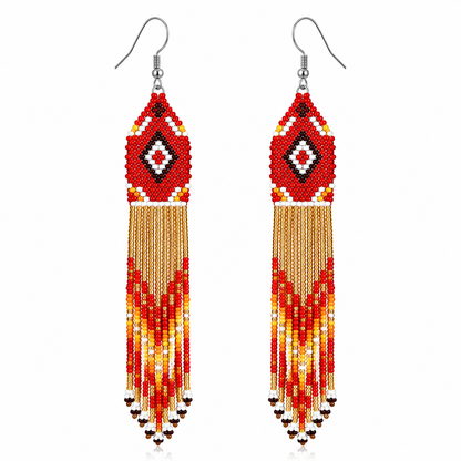 Handcrafted Czech Beaded Red Fringe Earrings – 5 Inch Statement Dangle Earrings