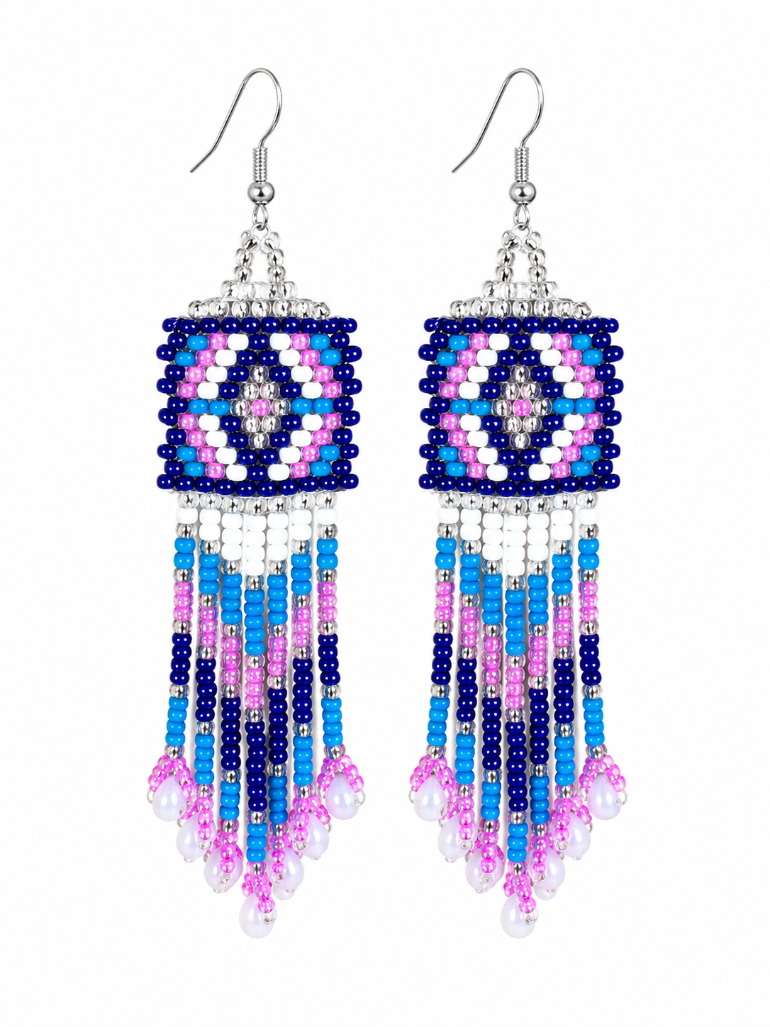 BeadsCorner Handmade Czech Seed Bead Fringe Earrings – Native Inspired Blue, Pink & White Dangle Earrings for Women, 3 Inch