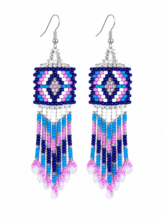 BeadsCorner Handmade Czech Seed Bead Fringe Earrings – Native Inspired Blue, Pink & White Dangle Earrings for Women, 3 Inch