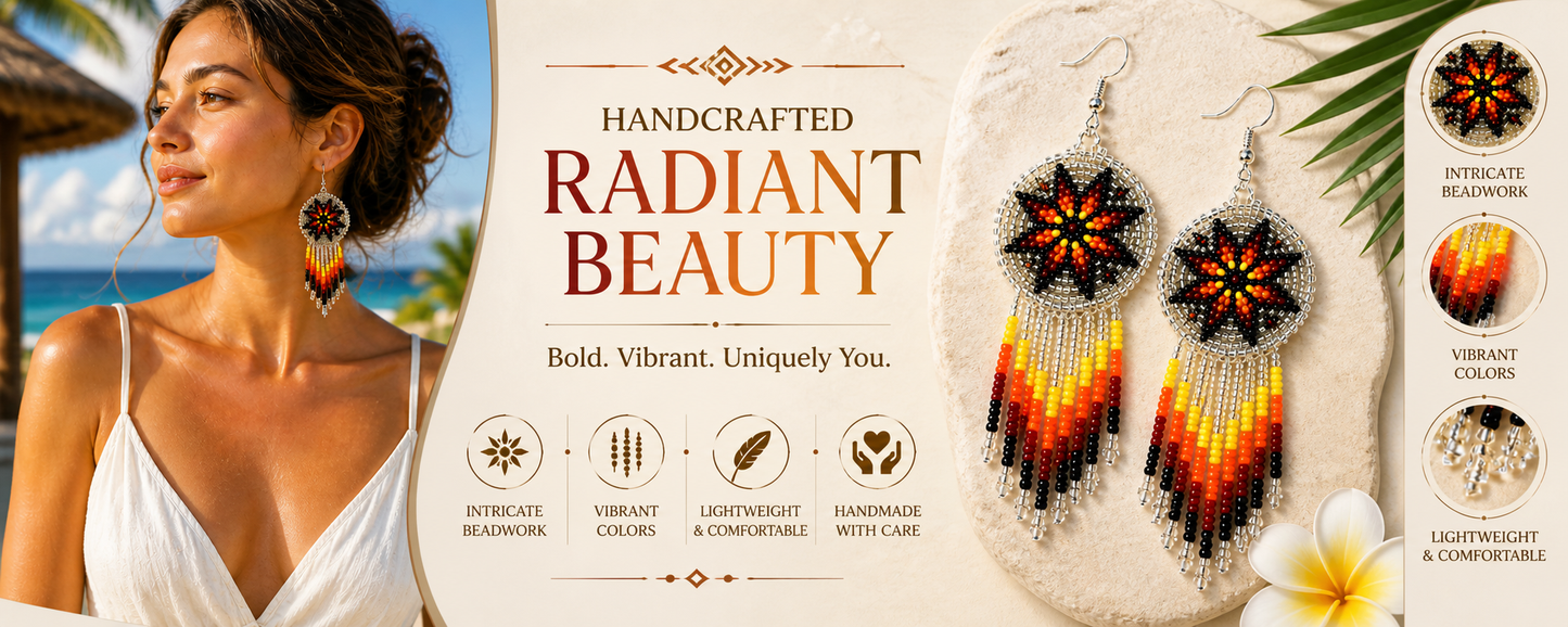 Handmade Beaded Silver Fire Color Round Fringe Hook Earrings