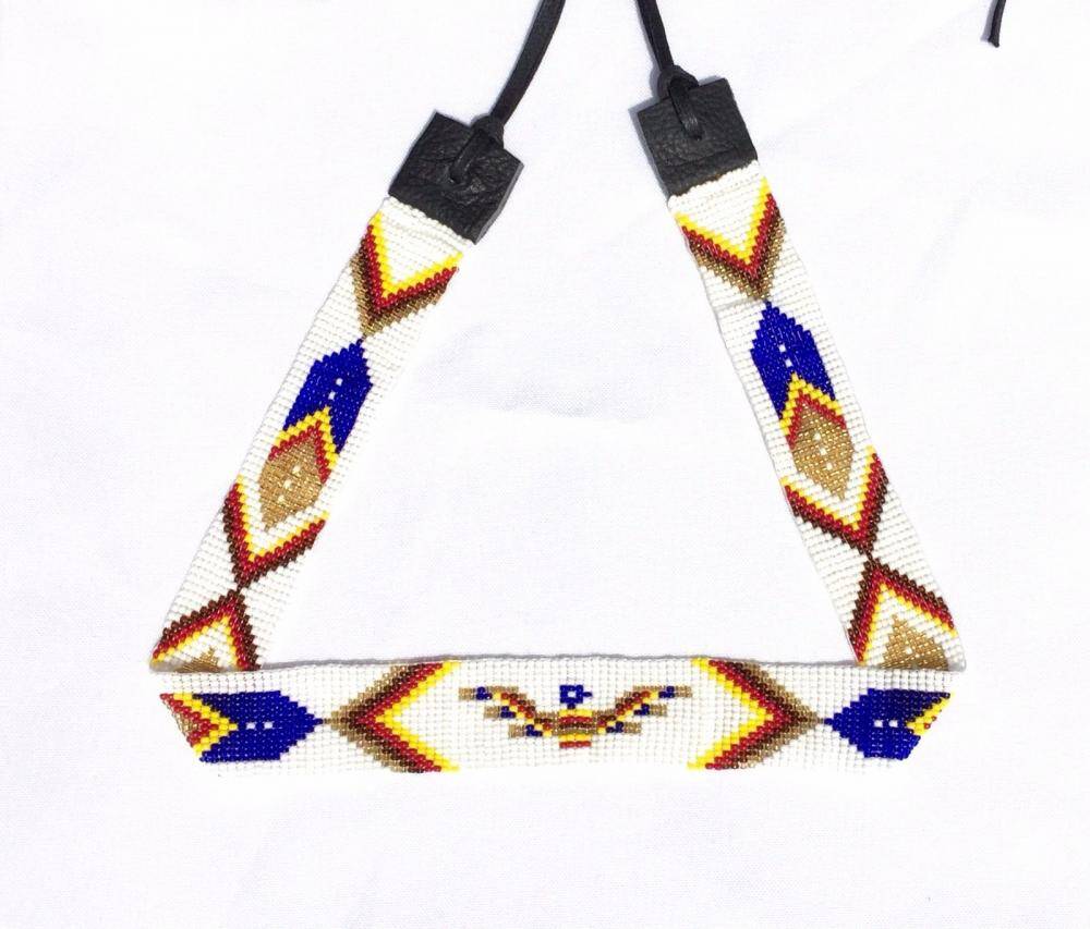Handmade White Blue Beaded Thunderbird Cowboy Hatband