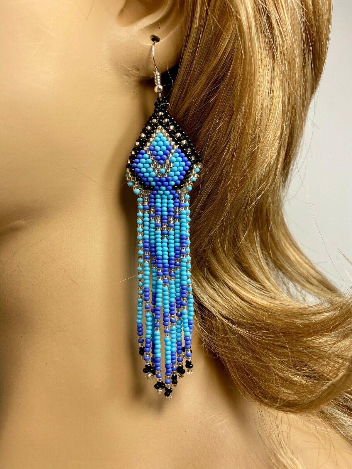 Native Style Ethnic Blue Black Seed Beaded Handmade Chandelier Earrings E61/11