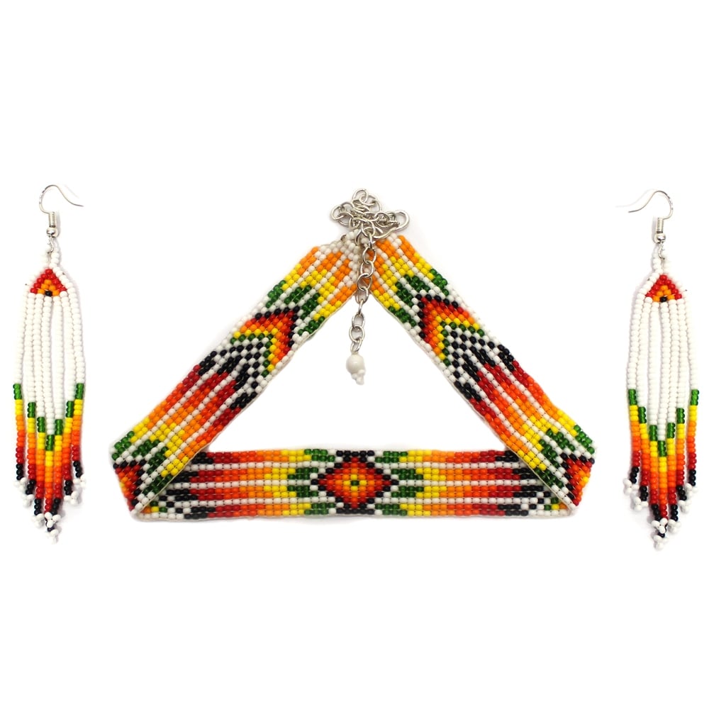 Handmade Beaded White Orange Yellow Choker Necklace Earrings Set