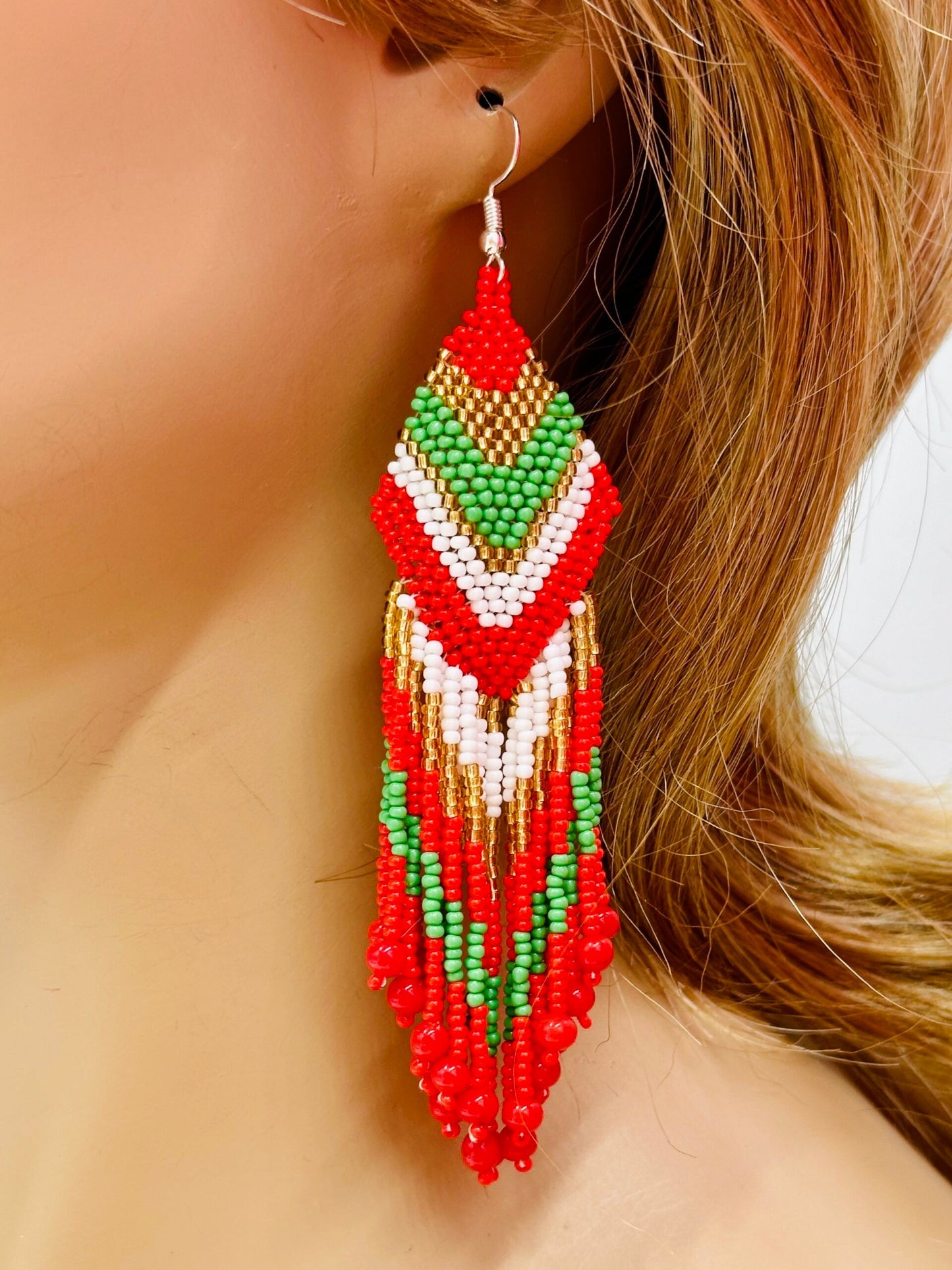 Handmade beaded Red Green drop dangle earrings